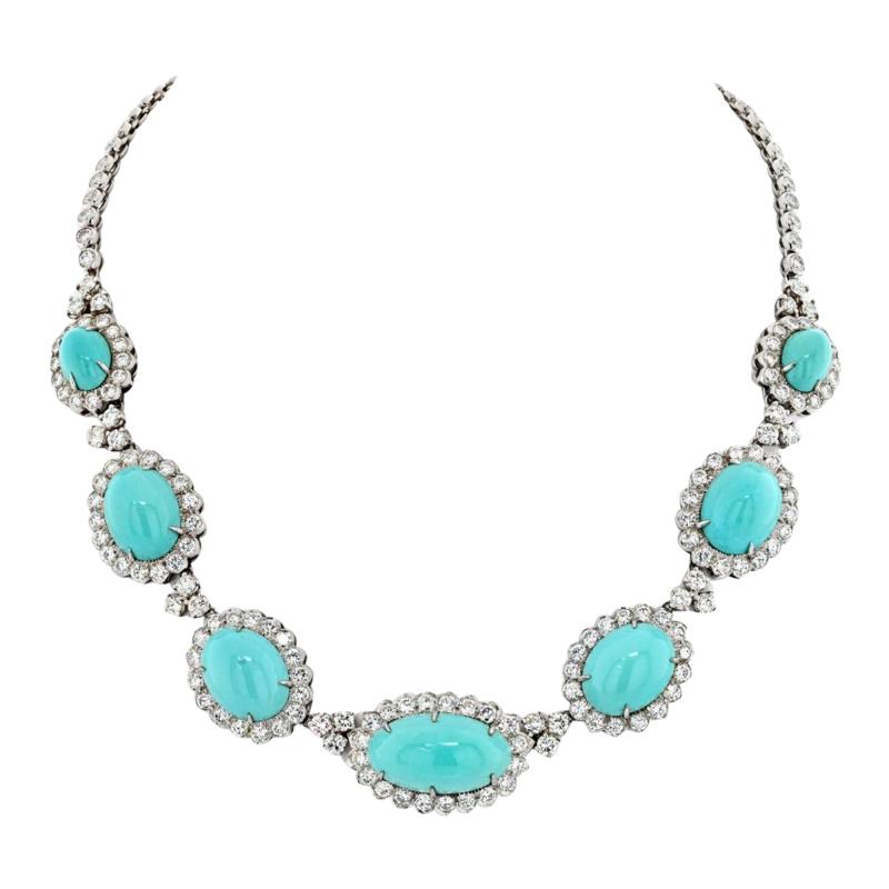 14K WHITE GOLD ESTATE TURQUOISE AND DIAMOND NECKLACE