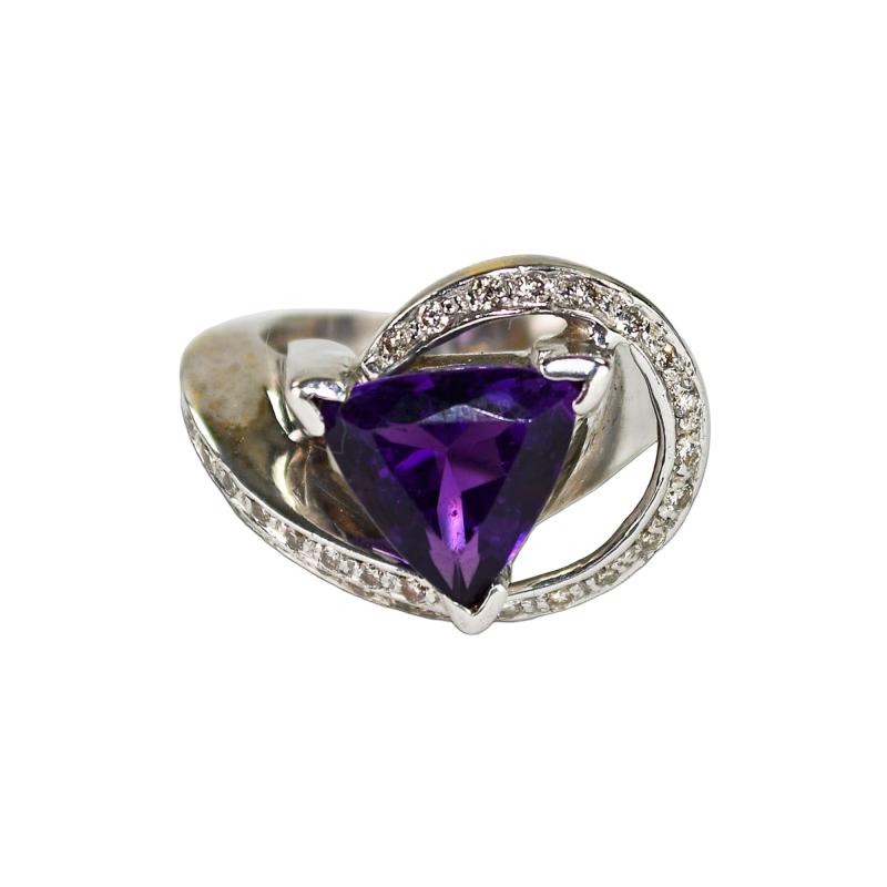 14K White Gold Amethyst Diamond Cocktail Ring 14 3g