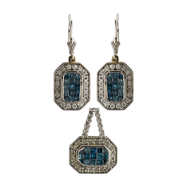 14K White Gold Blue White Diamond Earrings Pendant Set