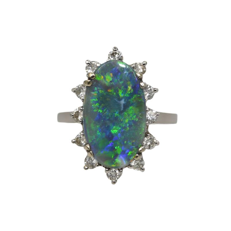 14K White Gold Ladies Australian Black Opal and Diamond Ring