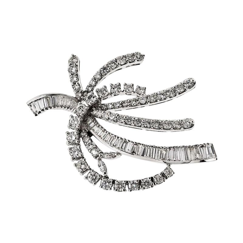 14K White Gold Round And Baguette Diamond Brooch