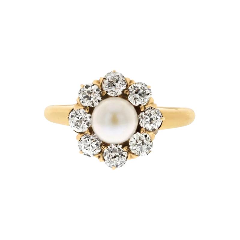 14K YELLOW GOLD 0 80CTTW OLD CUT DIAMOND AND PEARL FLORAL STYLE RING