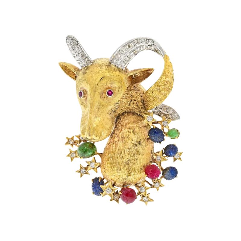 14K YELLOW GOLD DIAMOND SAPPHIRE RUBY EMEALD GOAT BROOCH