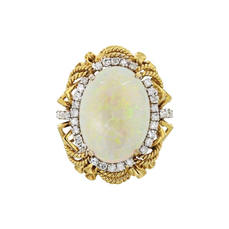 14K YELLOW GOLD OVAL CABOCHON OPAL DIAMOND RING