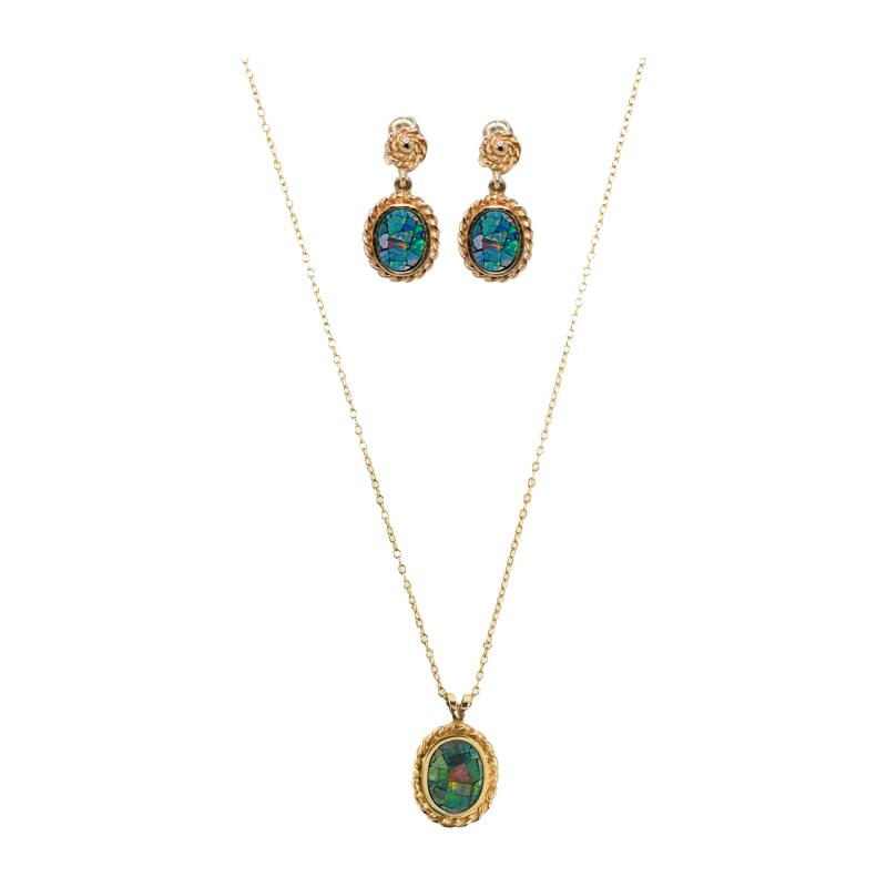 14K Yellow Gold Australian Opal Necklace Earrings Set