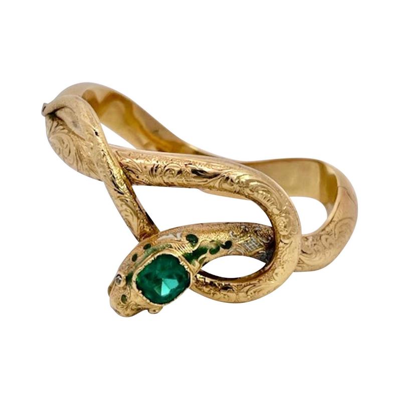 14K Yellow Gold Emerald Head Chased Snake Bracelet