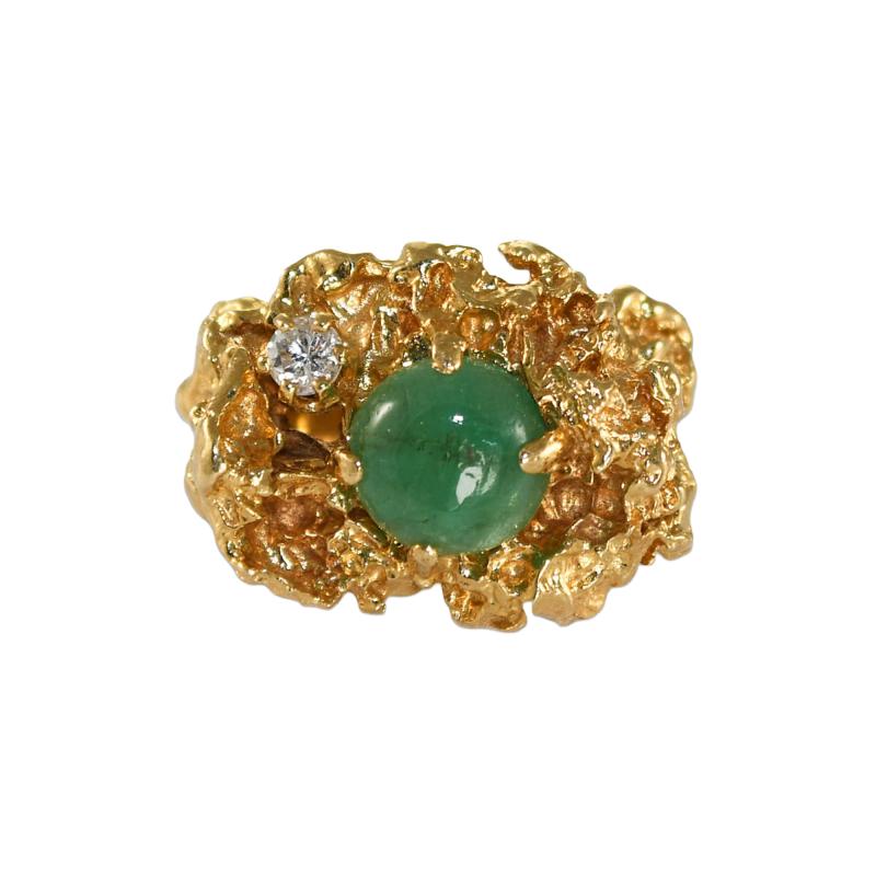 14K Yellow Gold Nugget Style Emerald Diamond Ring 16 8g