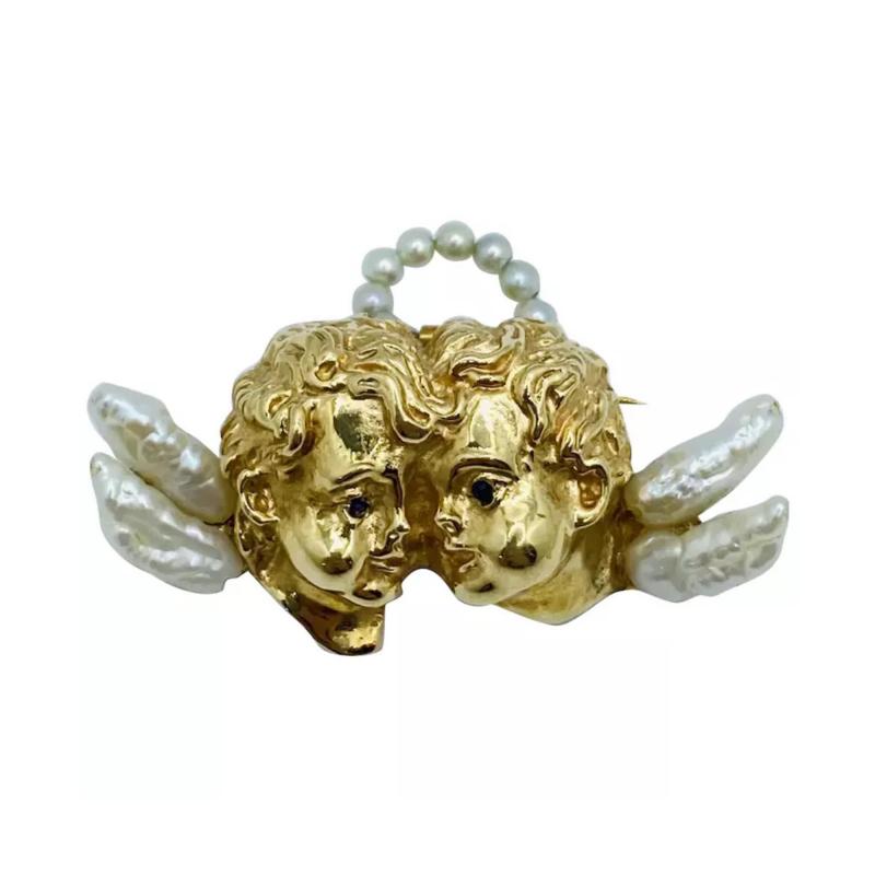 14k Gold and Pearl Angels Cherub Brooch Ruser