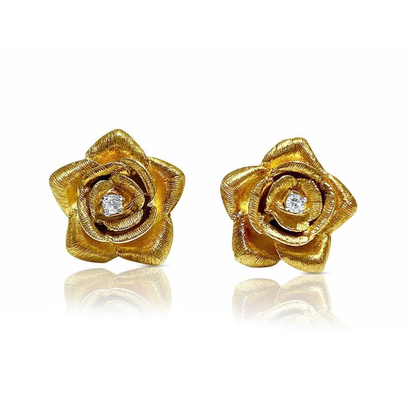 14k Solid Gold Flower and Diamond Stud Earrings