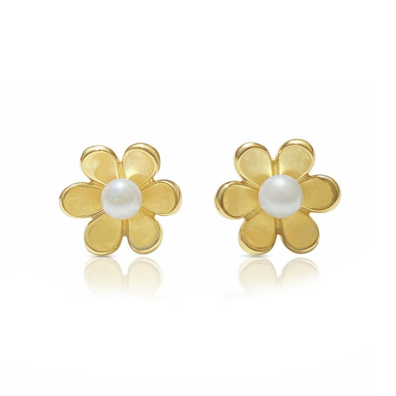 14k Solid Gold Flower and Pearl Stud Earrings