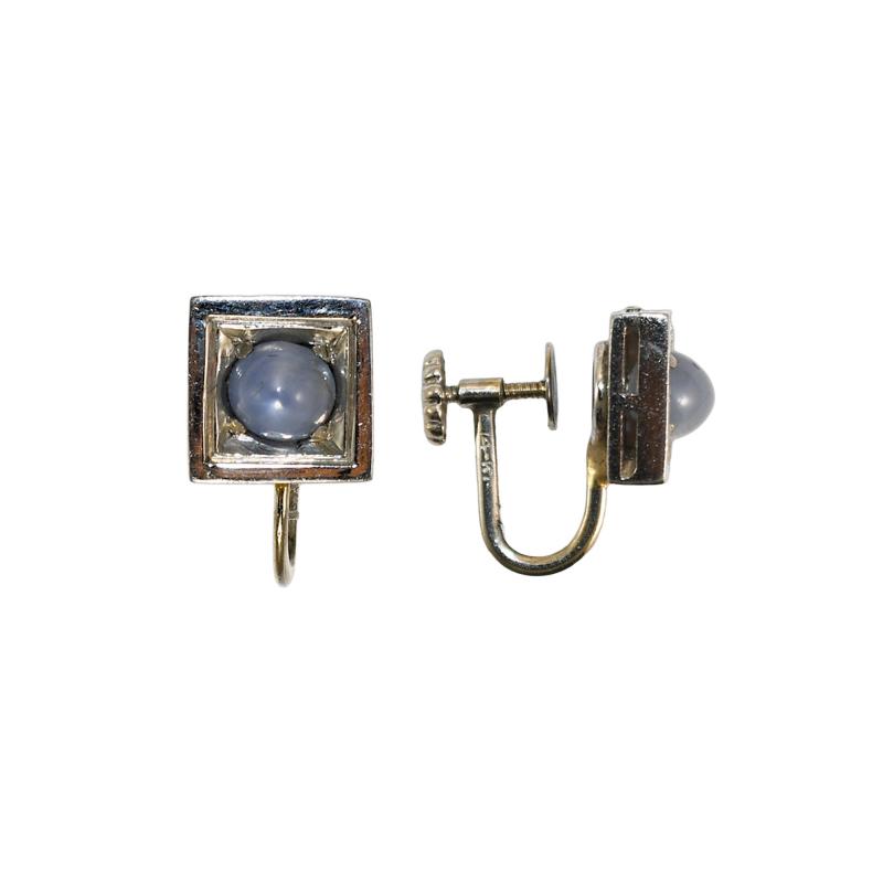 14k White Gold Sapphire Cabochon Earrings Square Windows Flower Back