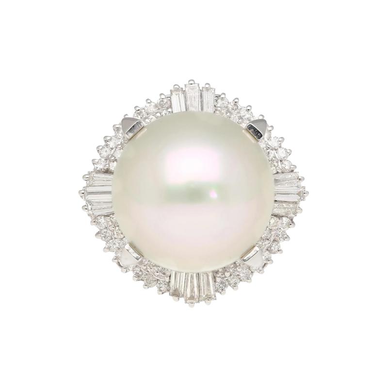 14mm Pearl with Baguette and Round Diamonds in Platinum Cocktail Ring