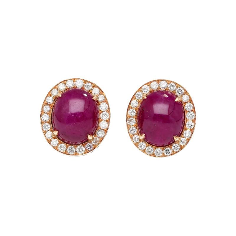 15 16 Carat Cabochon Cut Deep Pink Ruby Diamond Halo Stud Earrings