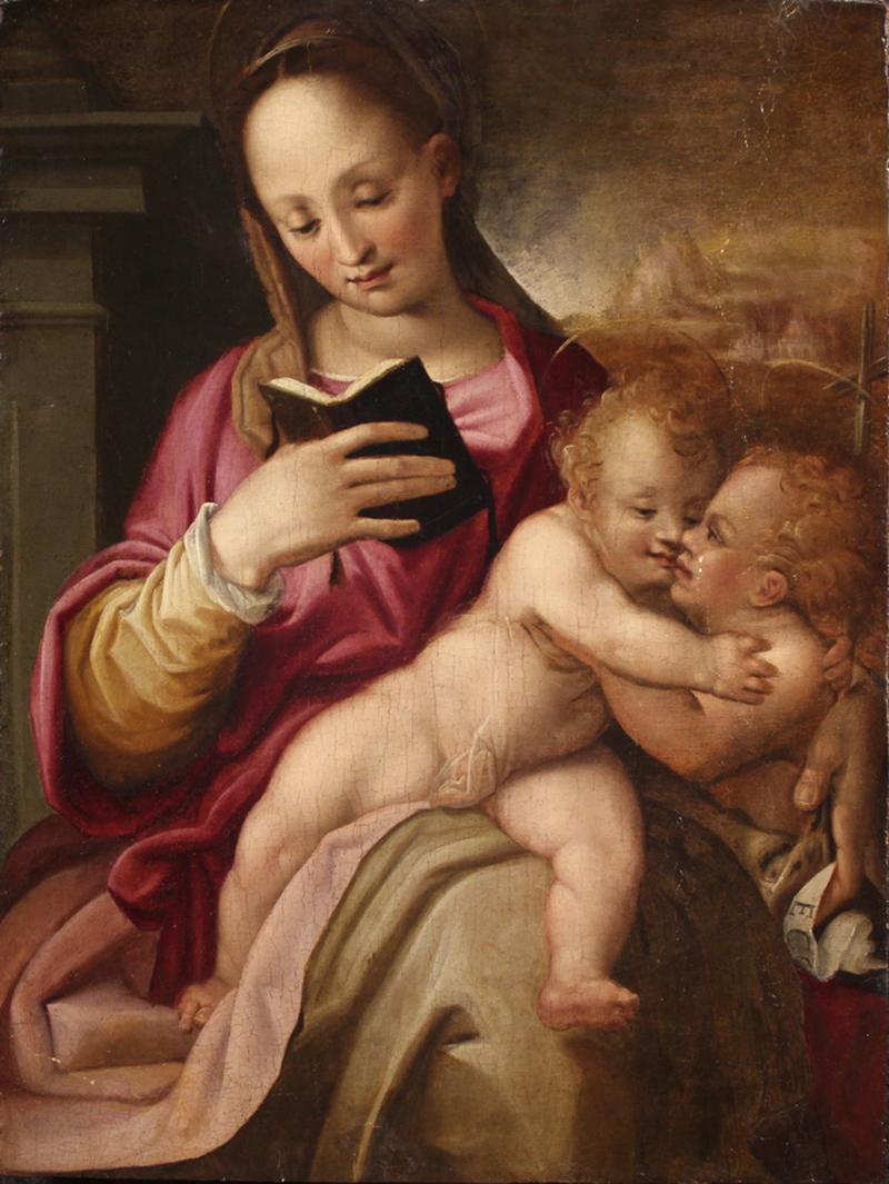 16th century panel painting Madonna and Child with young St John