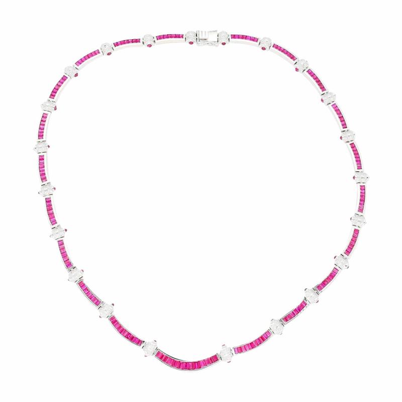 17 3 Carat Ruby and Diamond 18K White Gold Retro Choker Necklace