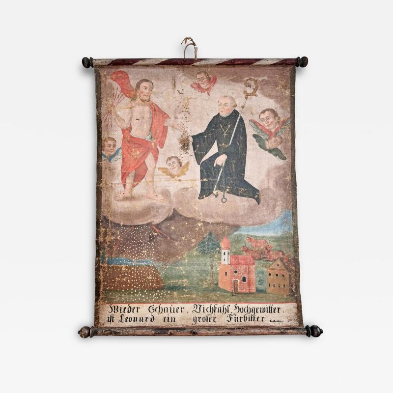 17th C Ecclesiastical Sacred Wall Hanging oil on canvas of St Leonard of Noblac