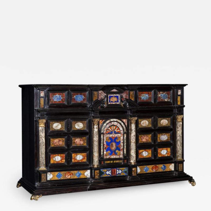 17th C Italian Gilt Bronze Pietre Dure and Marble Mounted Ebony Cabinet