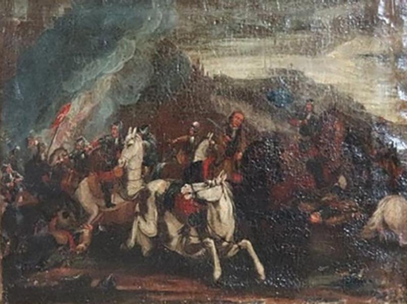 17th Century Antique Oil Painting on Canvas Battle with Men on Horseback