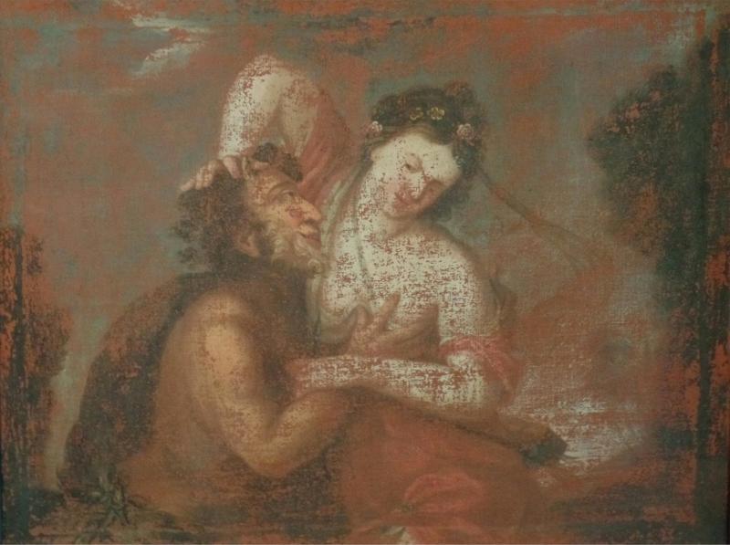 17th Century European Painting Struggle between Satyr Pan and a Woman