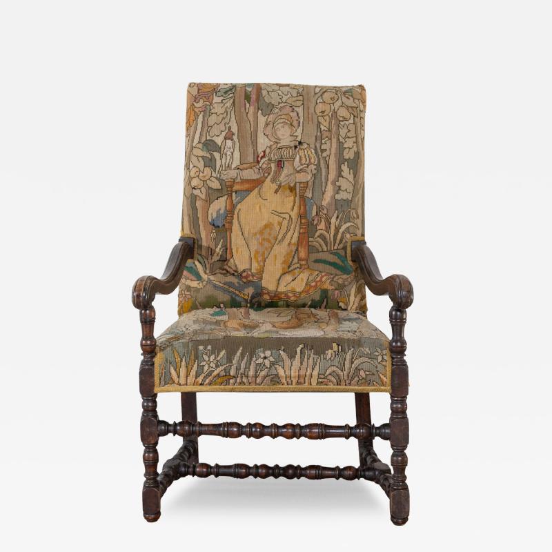 17th Century French Baroque Walnut Spool Armchair with Petit Point Tapestry