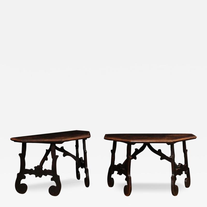 17th Century Italian Baroque Walnut Fratino Consoles with Carved Bases a Pair