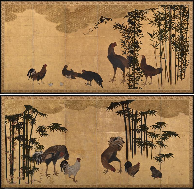17th Century Japanese Screen Pair Roosters and Chickens in a Bamboo Grove