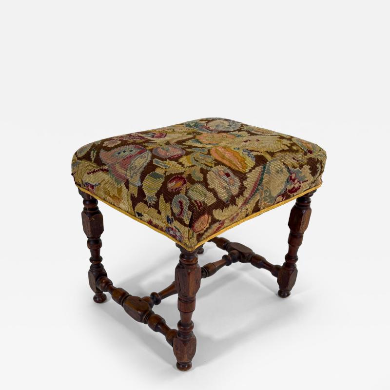 17th Century Louis XIII Oak Stool with Antique Cross Stitch Upholstery