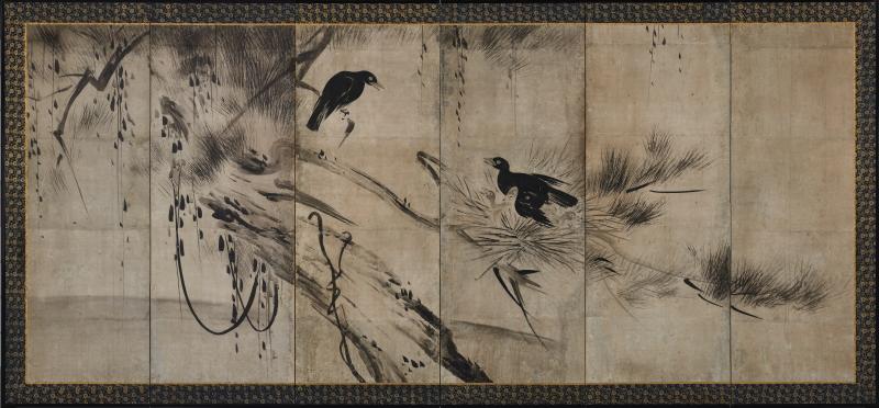 17th Century Momoyama era Crows on Pine Studio of Hasegawa Tohaku