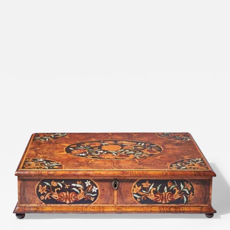 17th Century William and Mary Floral Marquetry Olive Oyster Lace Box Circa 1685