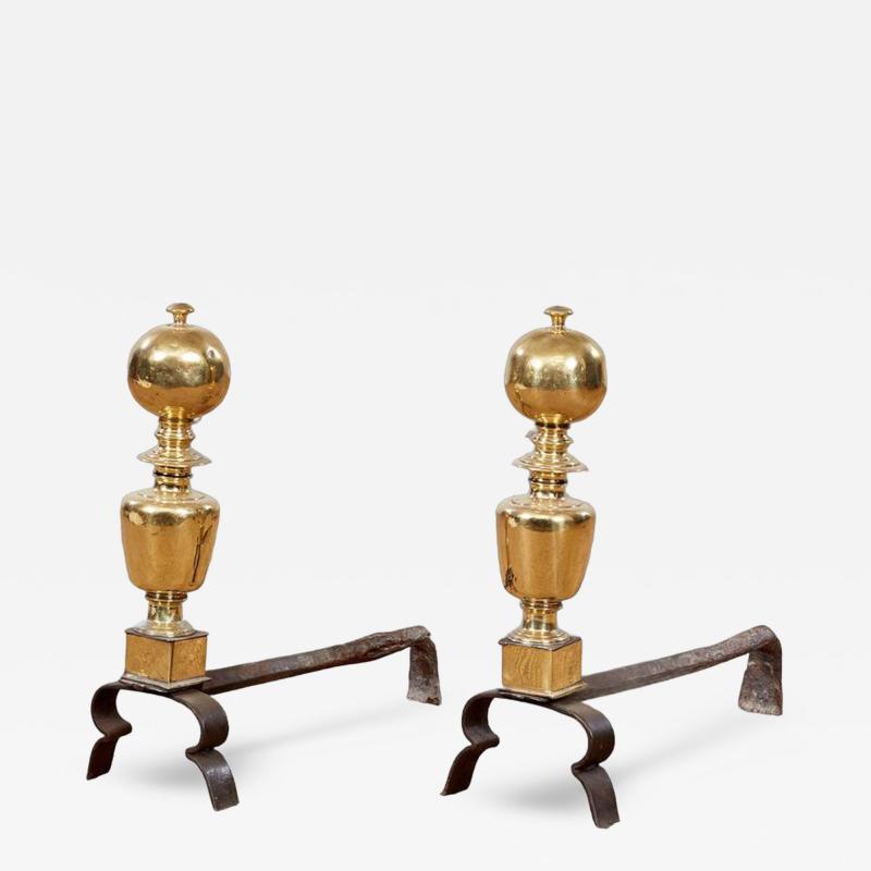 17th c Brass Ball Top Andirons