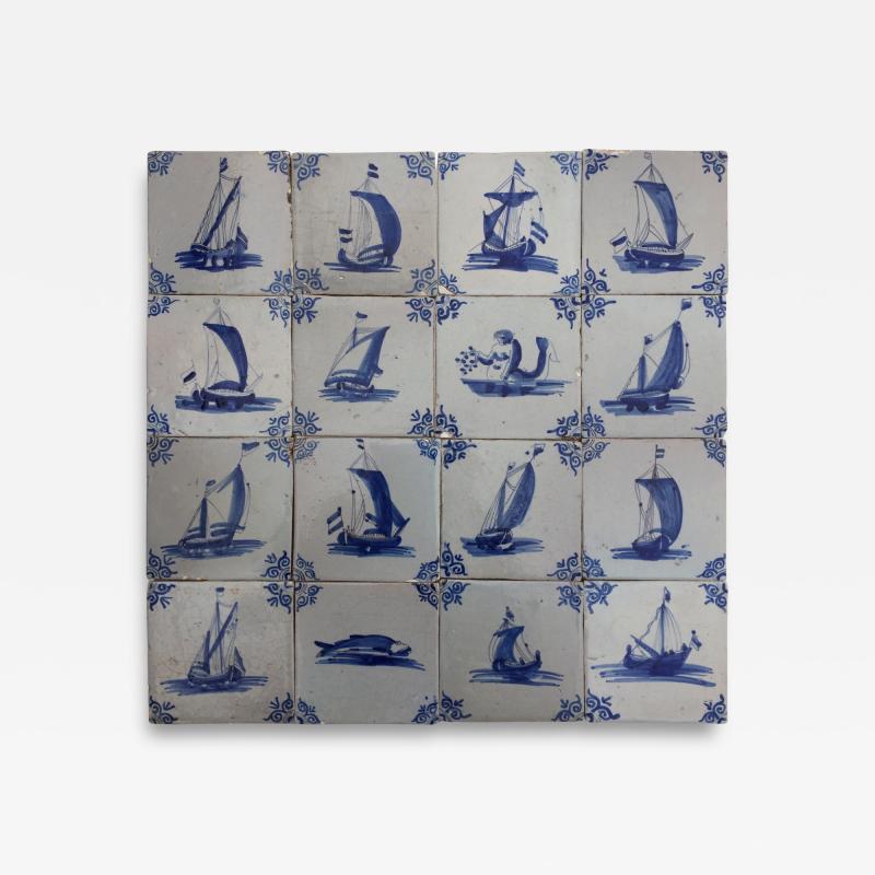17th century Dutch Delft tiles with Nautical scenes ships and sea monsters 