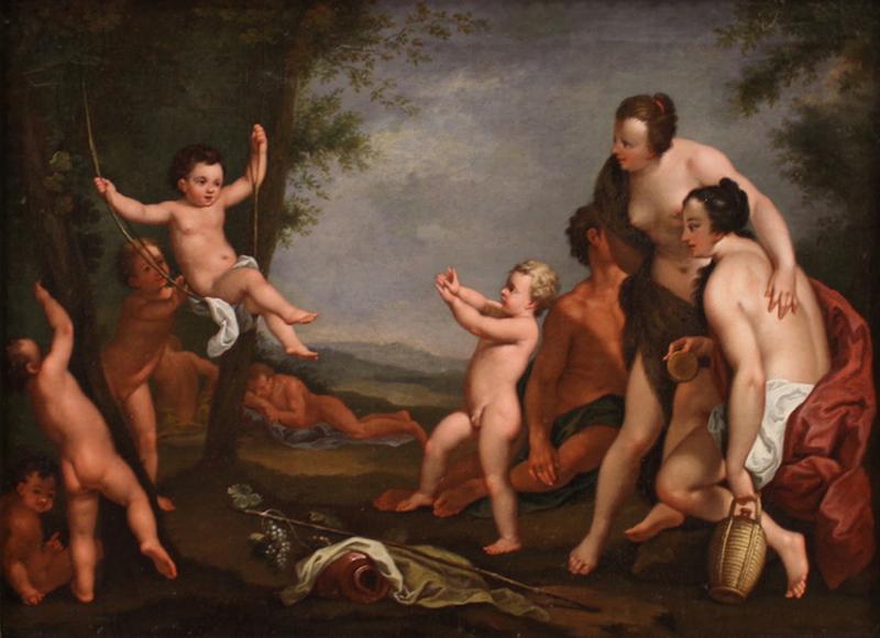 17th century mythological painting landscape with figures and game of cherubs