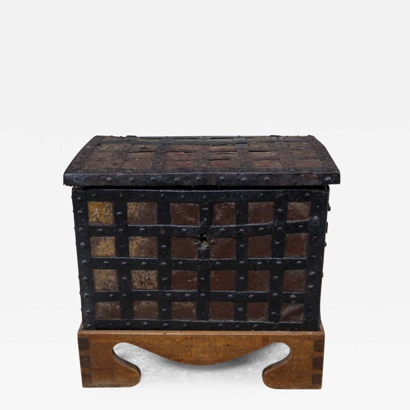 17thc Baroque Money Chest Iron Strapping Leather on Stand