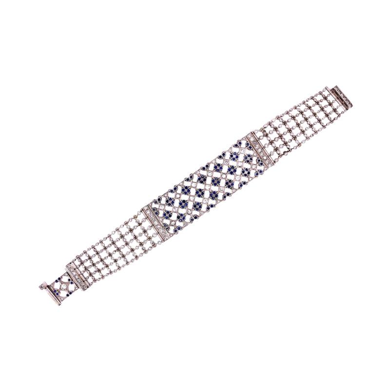 18 Karat White Gold Mesh Sapphire and Diamond Lace Bracelet