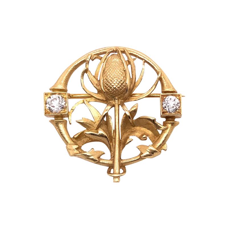 18 Karat Yellow Gold Floral Pin or Brooch Having Two Diamonds