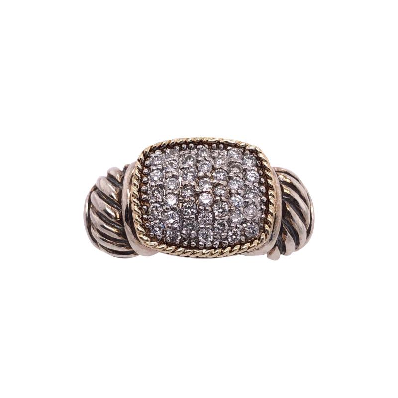 18 Karat Yellow Gold and Sterling Silver with Diamond Cluster Center Ring