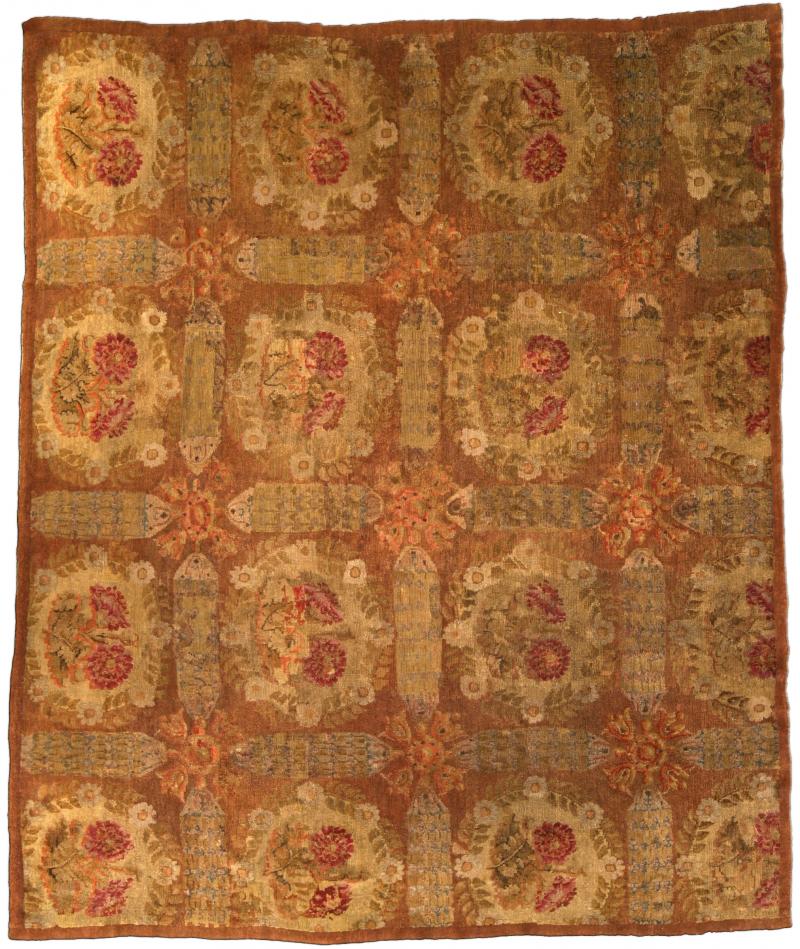 1800s French Savonnerie Botanic Red Brown Green Hand Knotted Wool Rug