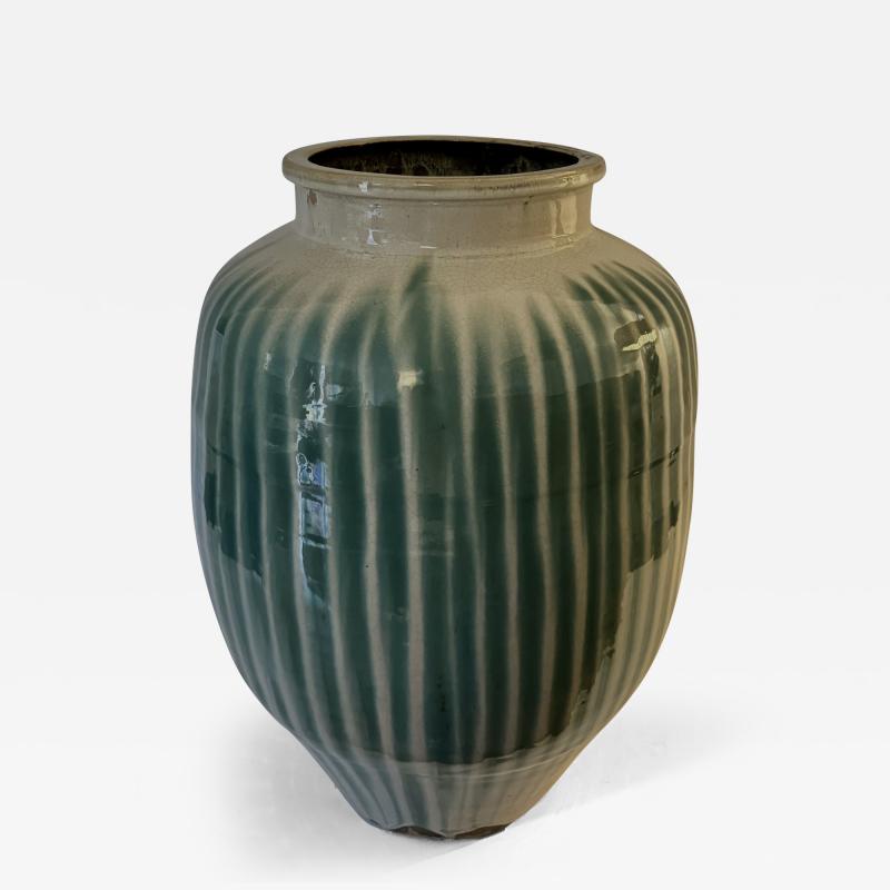1870s Japanese Shigaraki Ceramic Storage Jar with Celadon Glaze Meiji Period