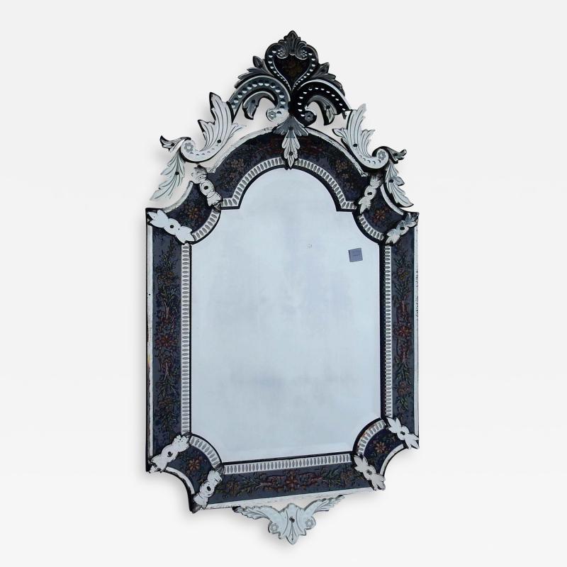 1880 1900 Venetian Mirror N3 with Pediment Blue Glass Adorned with Flowers