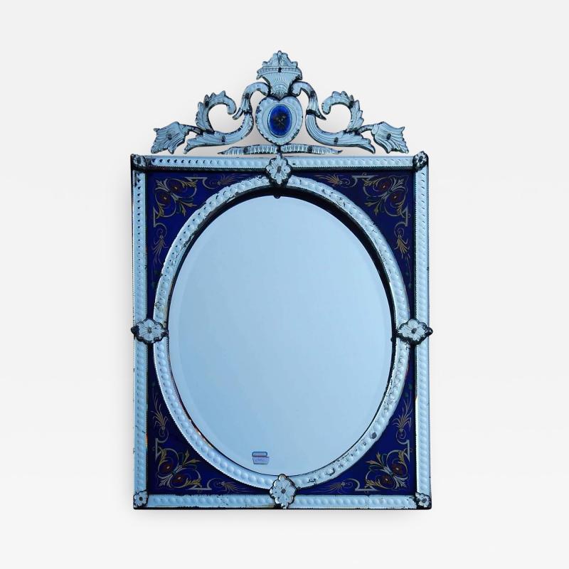 1880 1900 Venetian Mirror with Pediment Blue Glass Adorned with Flowers