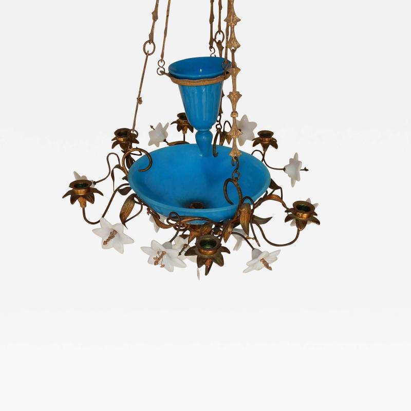 1880 Chandelier in Bindweeds with Blue Opaline and White Opaline Flowers