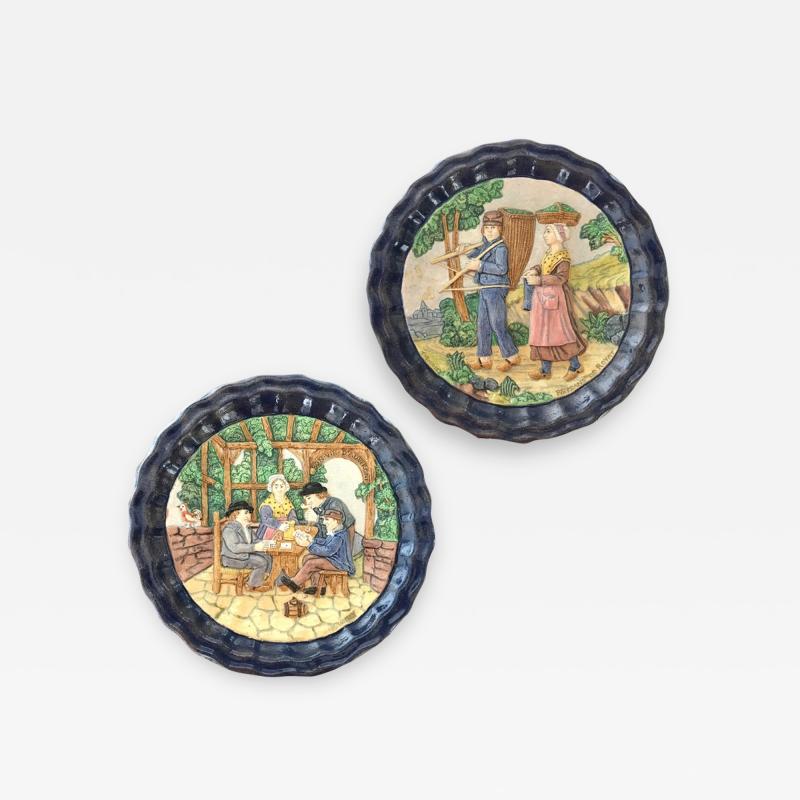 1880 French Country Pair of Navy Blue Edged Folk Art Majolica Decorative Plates