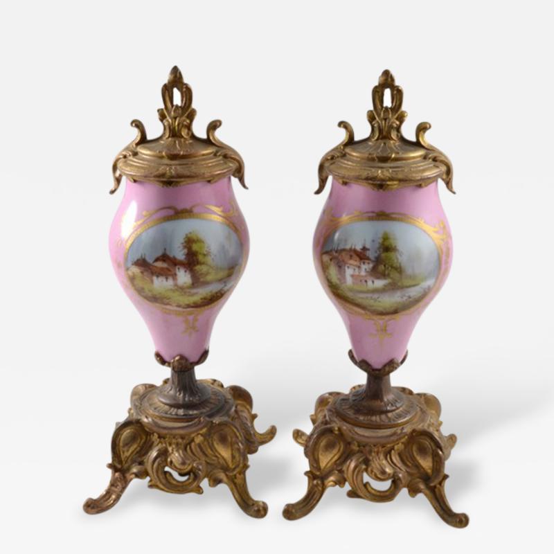 1880s Pair of Sevres Style Porcelain Ormolu Lidded Urns