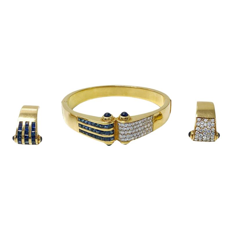 18K Diamond and Sapphire Bangle and clip earrings custom made