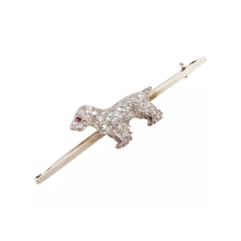 18K Gold And Platinum Diamond Dog Pin Brooch