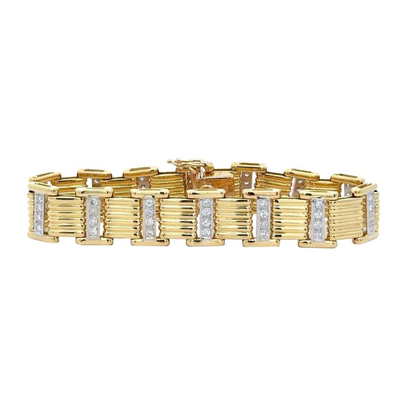 18K Gold Square Link 2 Tone Diamond Mens Bracelet