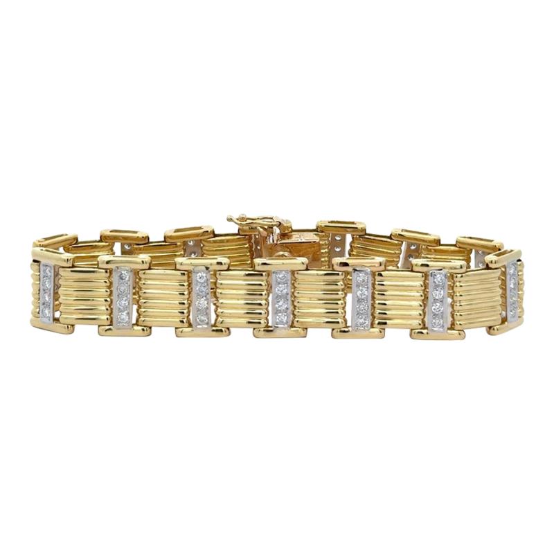 18K Gold Square Link 2 Tone Diamond Mens Bracelet