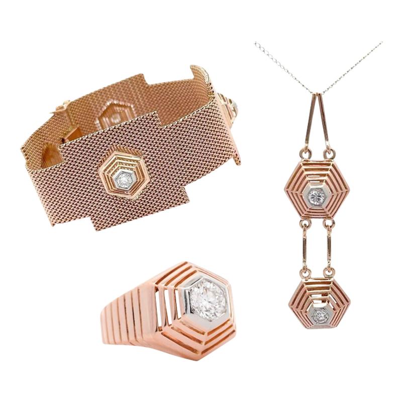 18K Rose Gold Hexagonal Shape Mesh Finish Ring Bracelet Pendant Set