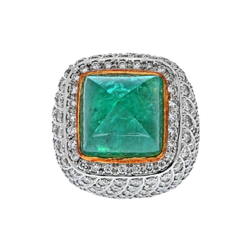 18K TWO TONE 38 CARAT SUGARLOAF GREEN EMERALD AND DIAMOND COCKTAIL RING