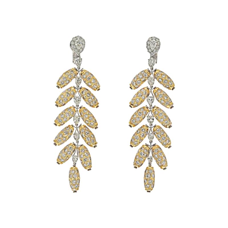 18K TWO TONE 48 00CTTW DIAMOND FEATHER DANGLING EARRINGS